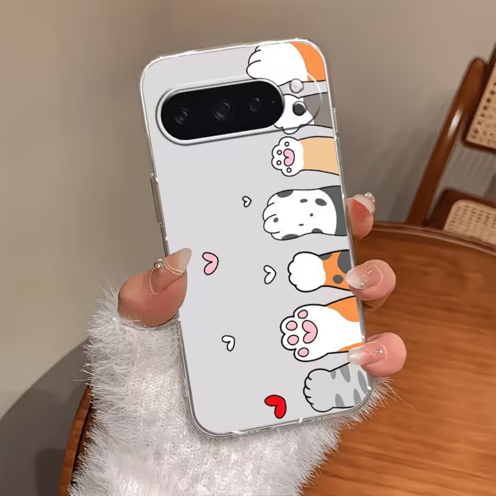 Google Pixel 8A - Karikatür Kedi Pati Baskılı Kristal Şeffaf