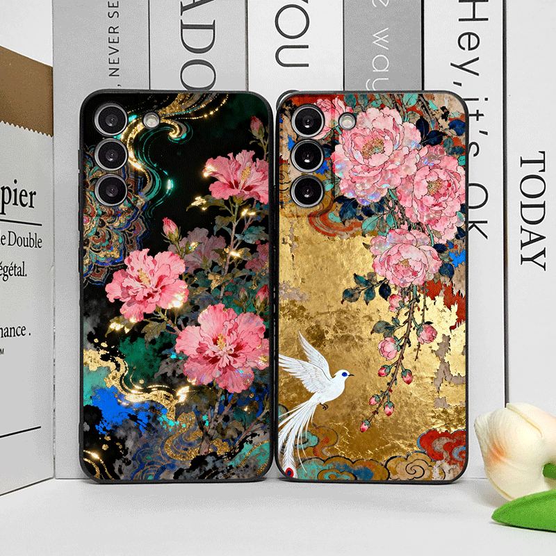 Oppo Reno 12 - Retro Çiçek Hibiskus Altın Mürekkep Boyama